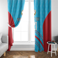 Blue and red cricket-themed window curtain panels with custom text and number 1