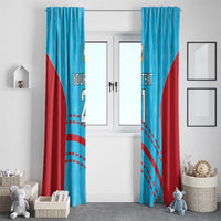 Cricket-themed window curtain panels, blue with red accents, custom text and number 1