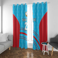 Blue and red cricket-themed window curtain panels with custom text and number 1