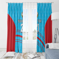 Cricket-themed window curtain panels, blue with red accents, custom text and numbers 21
