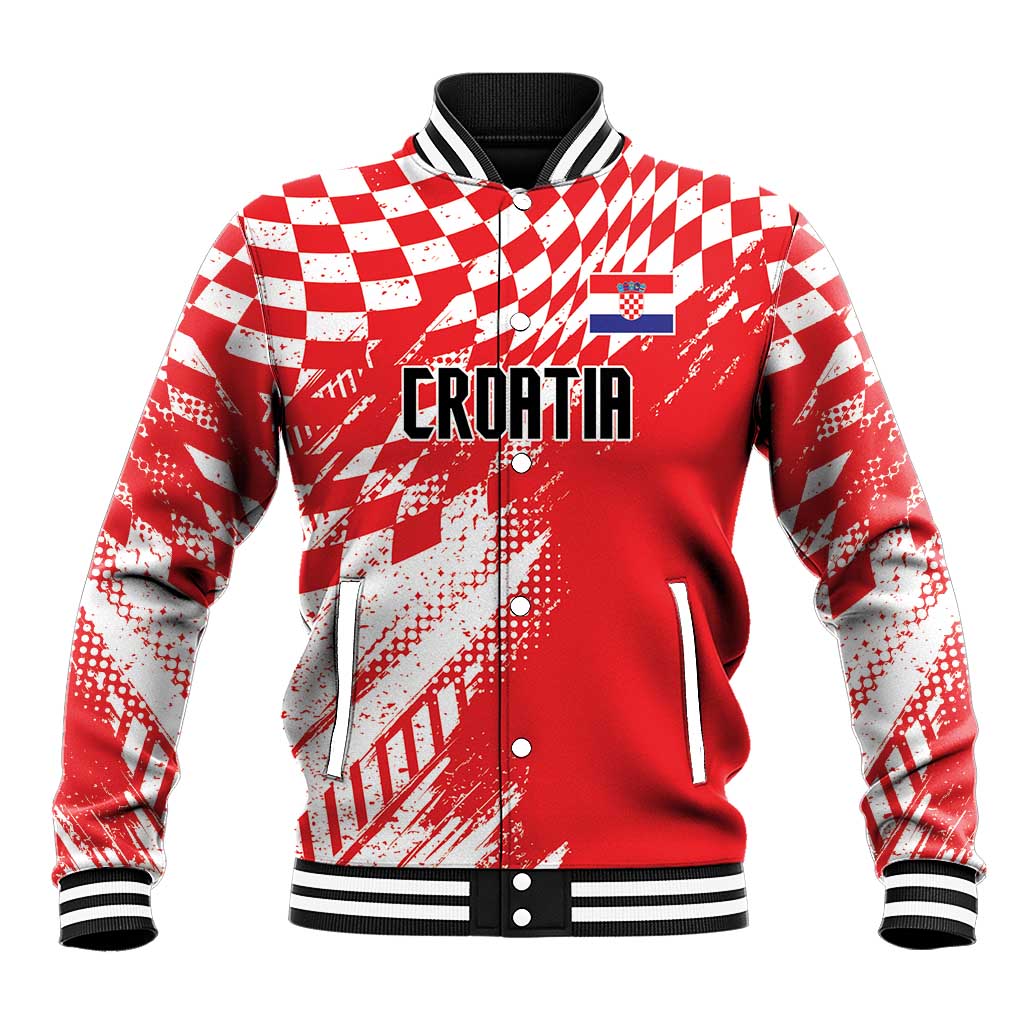 Red and white checker-pattern baseball jacket with striped ribbed collar and cuffs.
