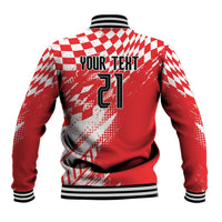 Red baseball jacket with white checkerboard pattern, ribbed collar, cuffs, and hem.