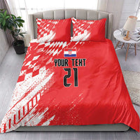 Red duvet cover bedding set with white pattern, custom text, and number 21; two matching pillowcases
