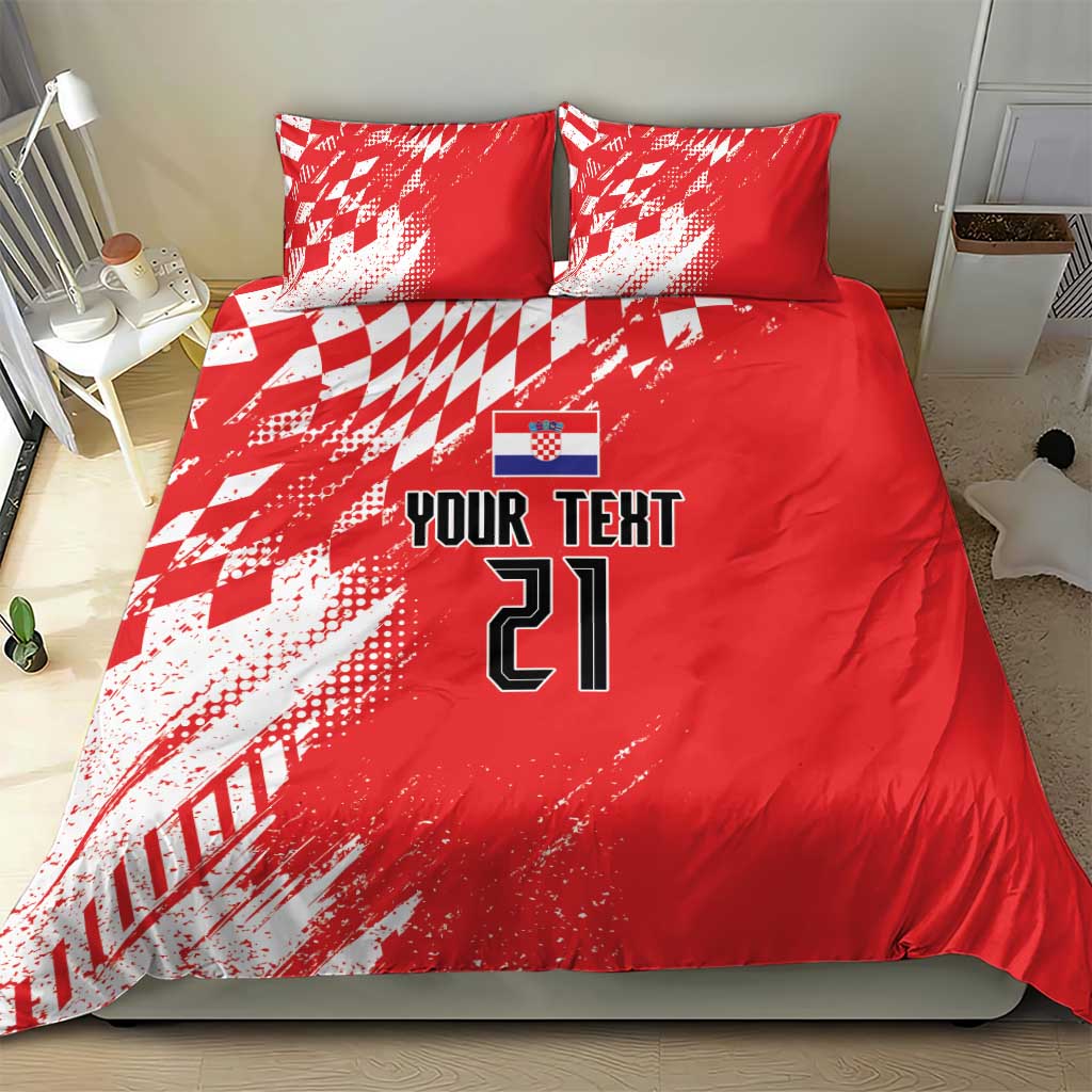 Red duvet cover and pillowcases with white graphic pattern, custom text, and number 21 design