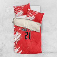 Red bedding set with white pattern, custom text and number 21 on duvet and pillowcases