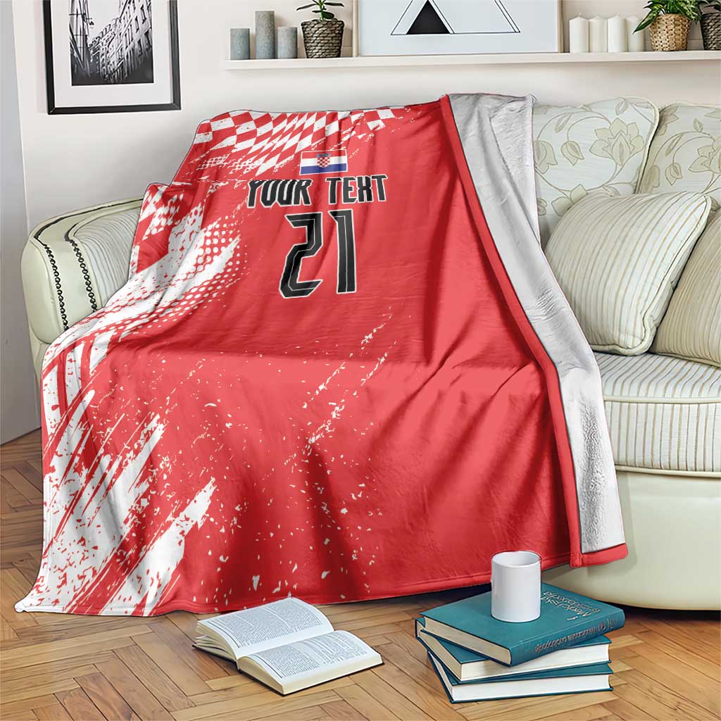 Red custom rugby blanket with white check pattern, “Your Text” and number 21 design