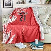 Red custom rugby blanket with white check pattern, “Your Text” and number 21 design