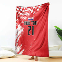 Red custom rugby blanket with sporty check pattern, “Your Text” and number 21 graphic