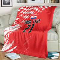 Red custom rugby blanket on armchair, white check pattern with “Your Text” and number 21