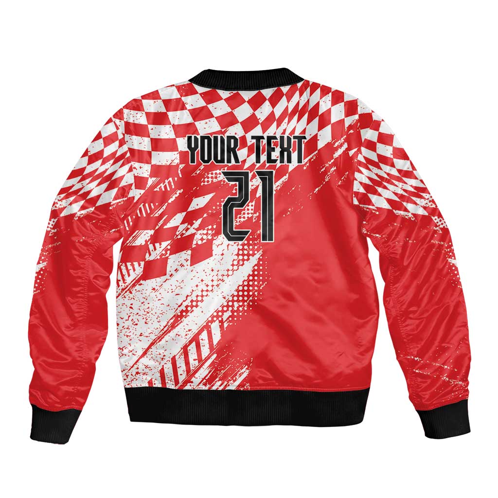 Red bomber jacket back with red/white checker sporty print, black ribbed hem and cuffs, 21