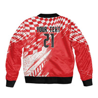 Red bomber jacket back with red/white checker sporty print, black ribbed hem and cuffs, 21