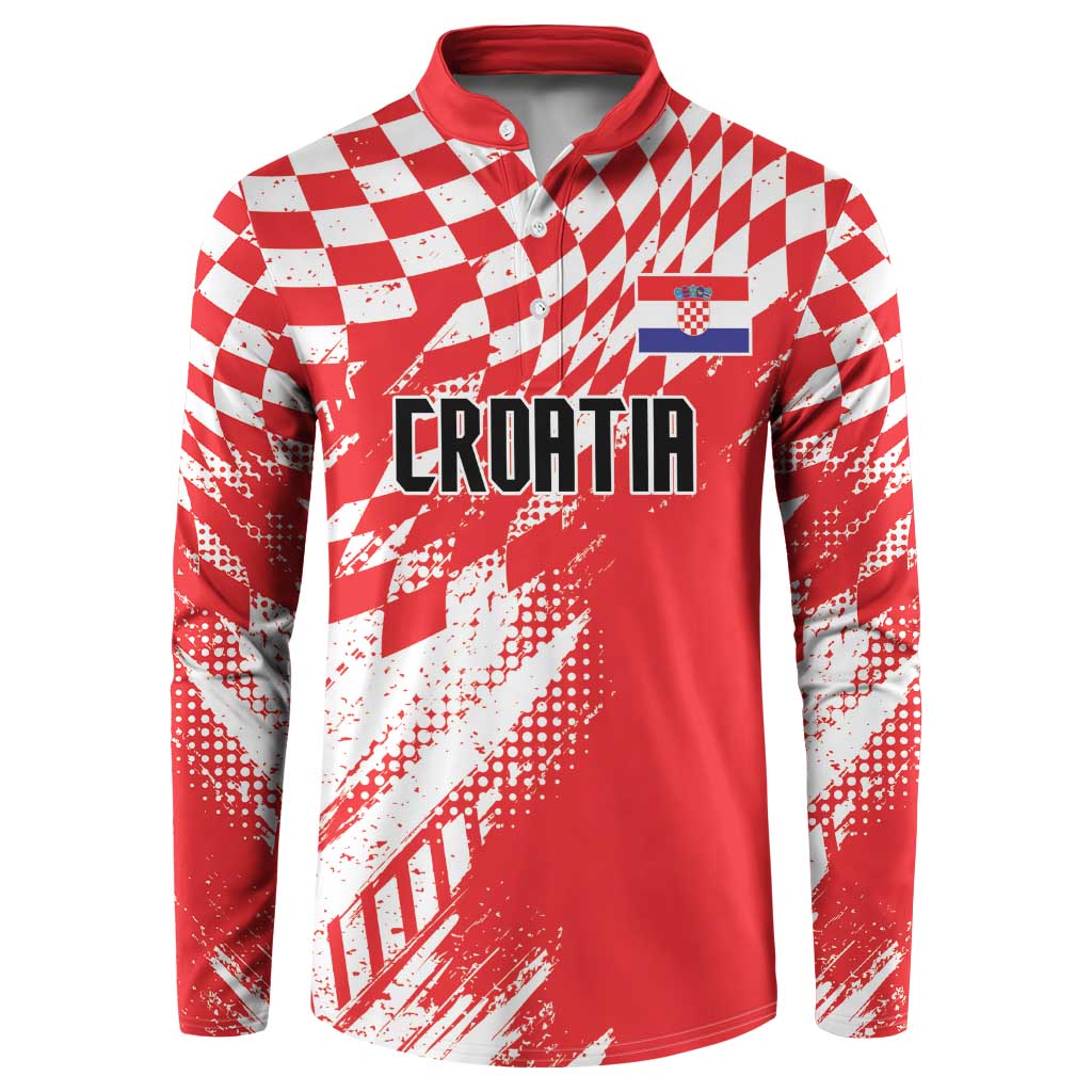 Red rugby-style sweatshirt with white check and sporty graphic, button placket, Croatia text