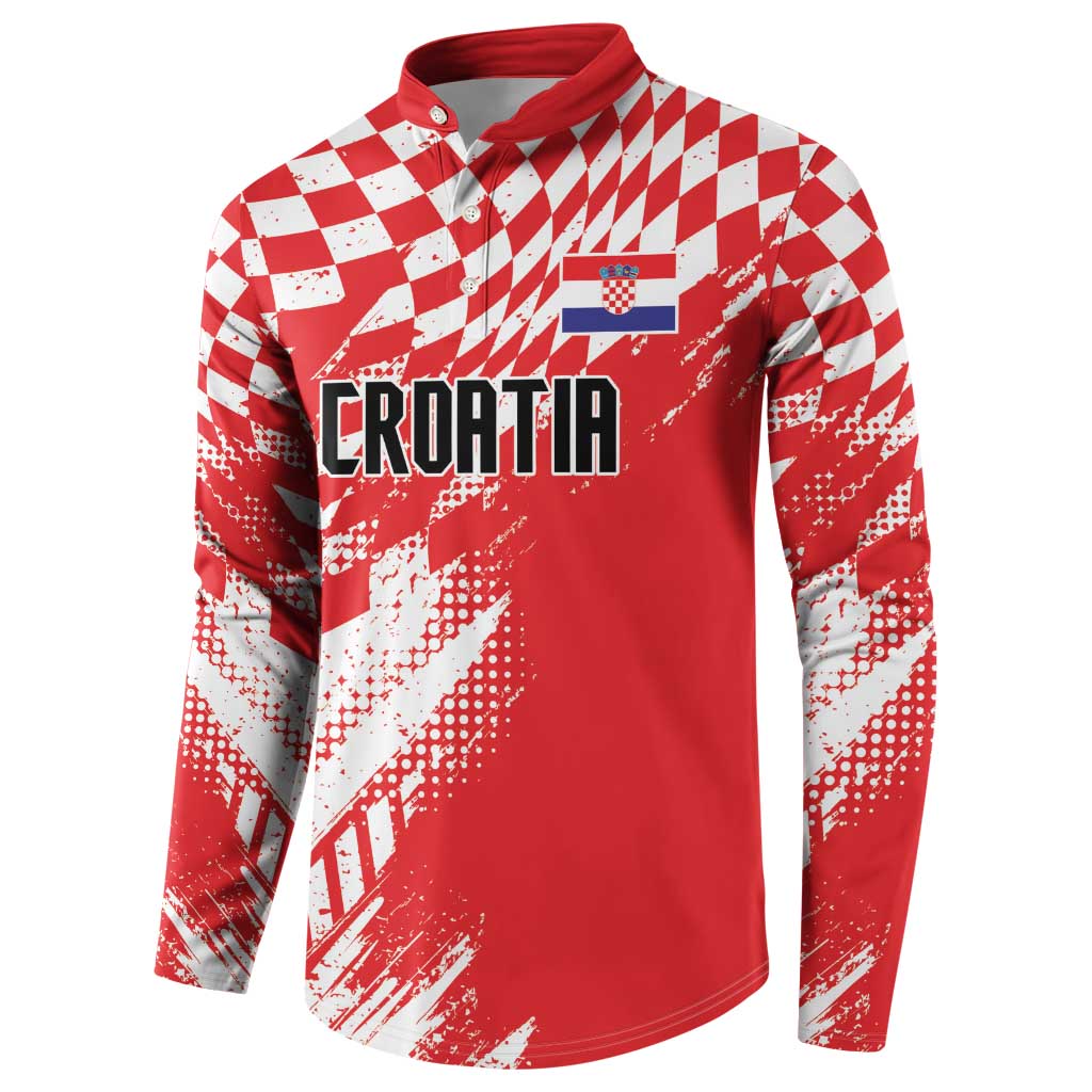 Red rugby-style sweatshirt with white check and sporty pattern, front logo and Croatia text