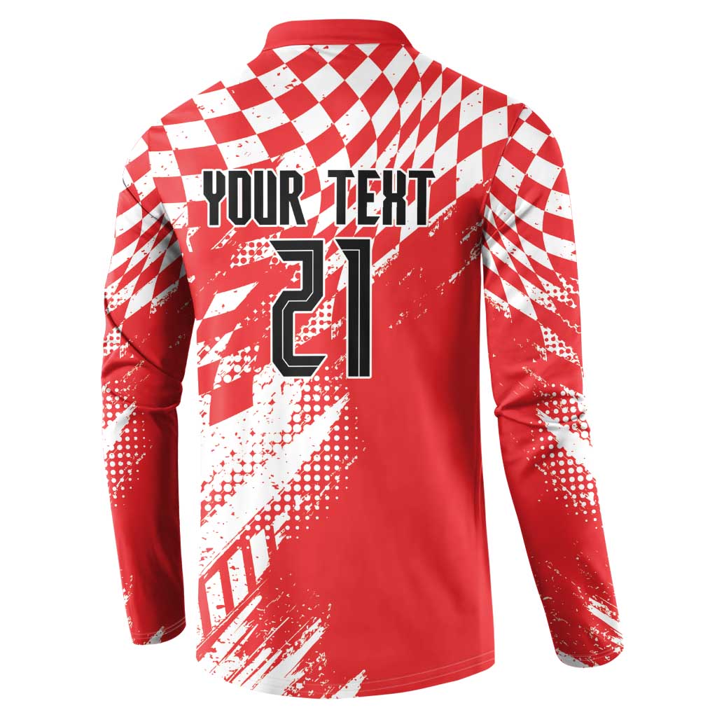 Red rugby-style sweatshirt back with white check sporty pattern, Your Text 21 print