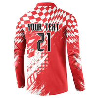 Red rugby-style sweatshirt back with white check sporty pattern, Your Text 21 print