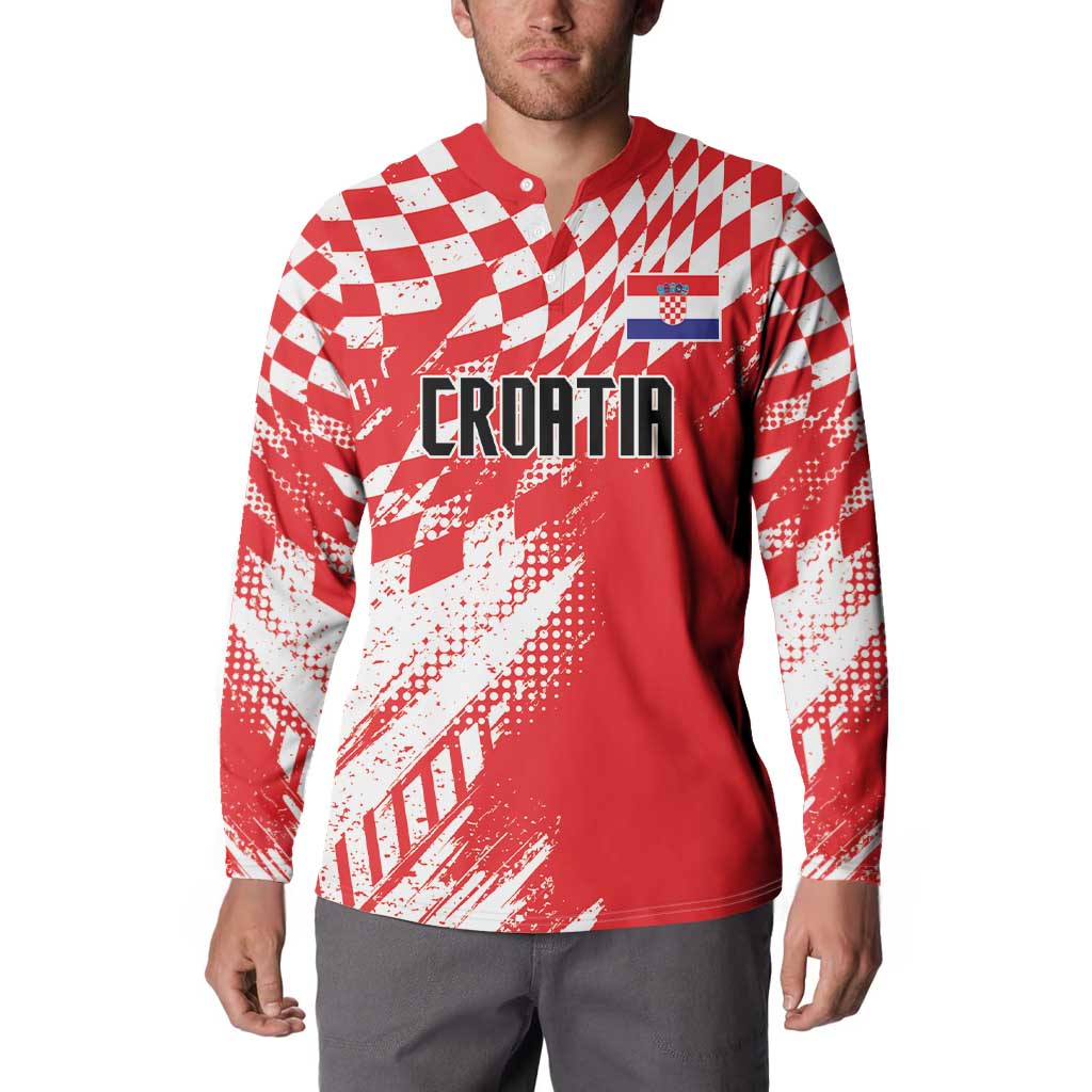 Red rugby-style sweatshirt with white check sporty pattern, Croatia crest and button placket