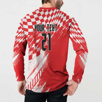 Red rugby-style sweatshirt back with white check sporty pattern, Your Text 21