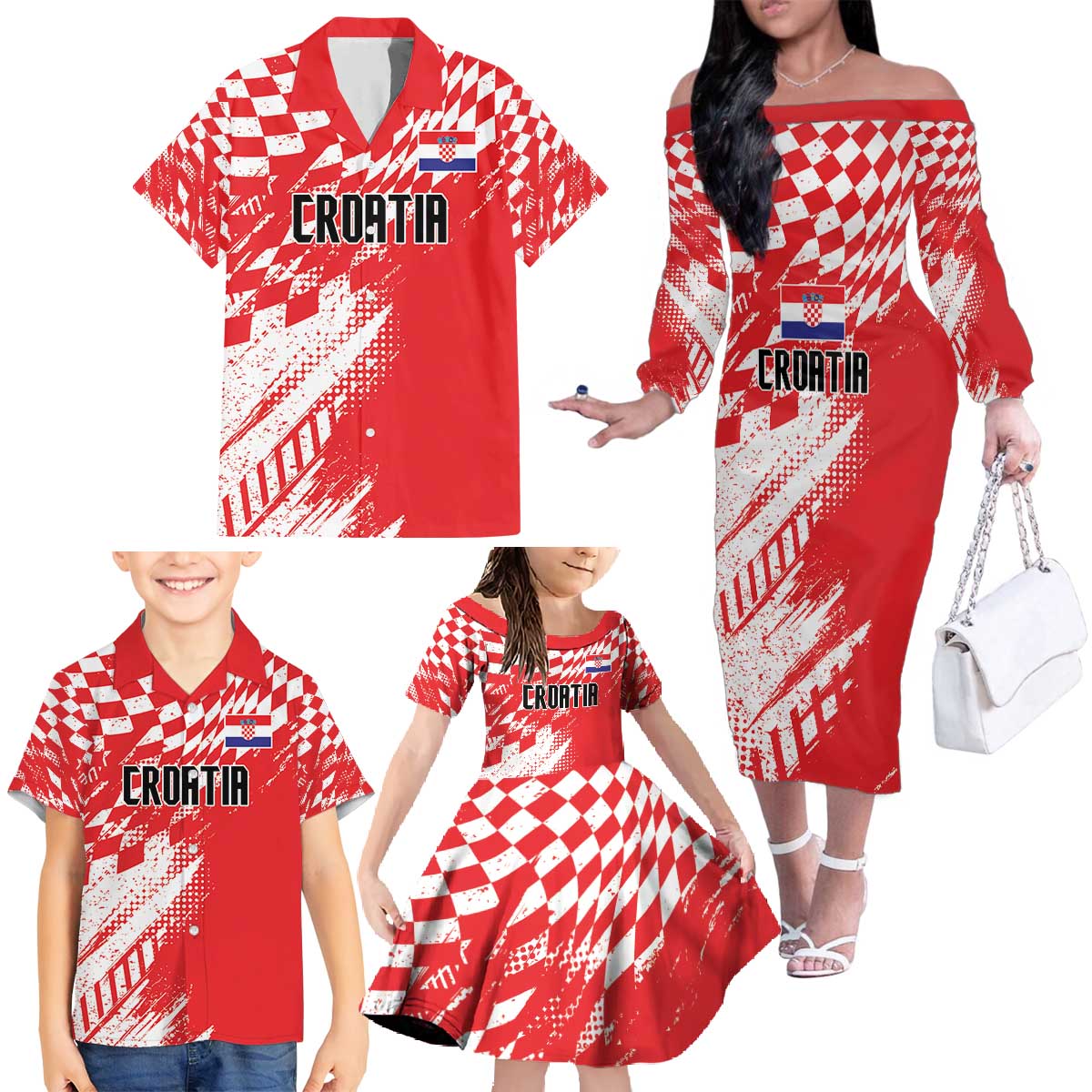 Croatia Rugby Custom Family Matching Off The Shoulder Long Sleeve Dress and Hawaiian Shirt Chessboard with Sporty Pattern - Wonder Print Shop