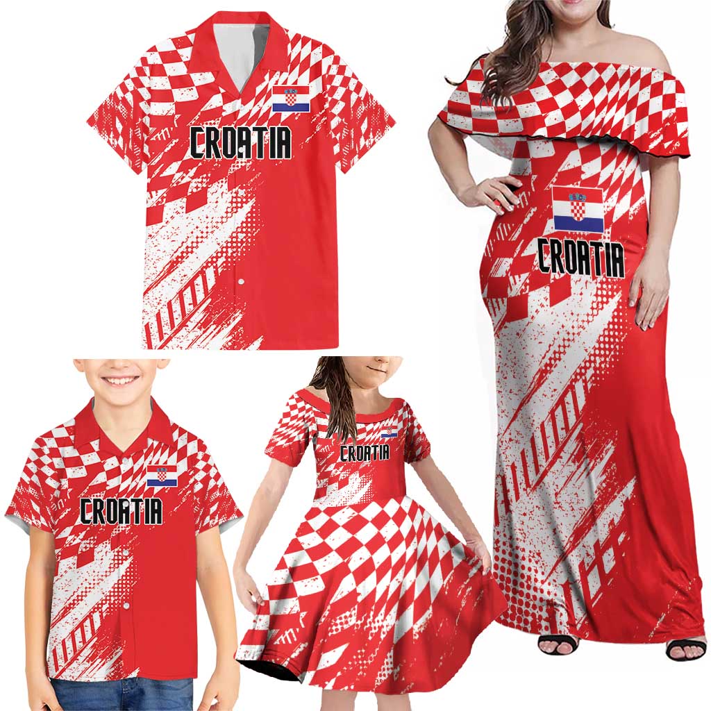 Croatia Rugby Custom Family Matching Off Shoulder Maxi Dress and Hawaiian Shirt Chessboard with Sporty Pattern LT9 - Wonder Print Shop