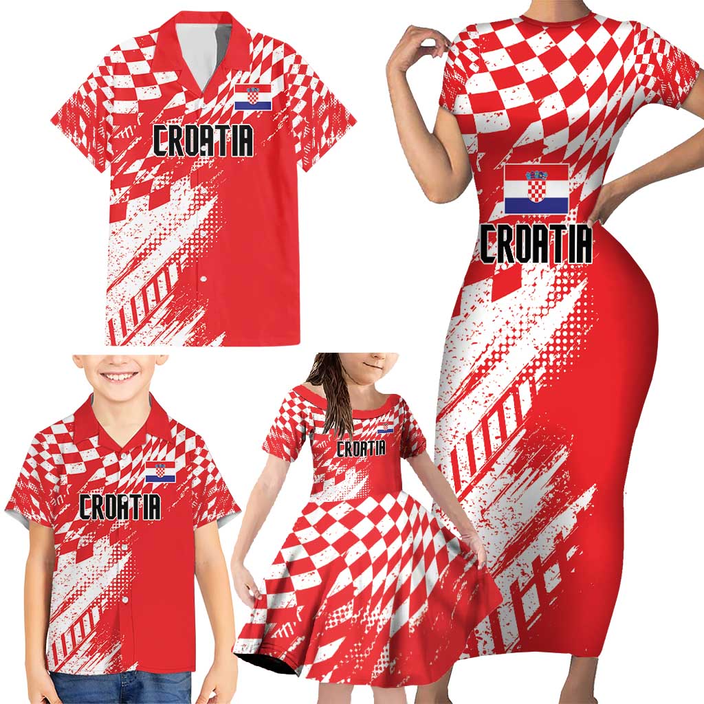 Croatia Rugby Custom Family Matching Short Sleeve Bodycon Dress and Hawaiian Shirt Chessboard with Sporty Pattern - Wonder Print Shop