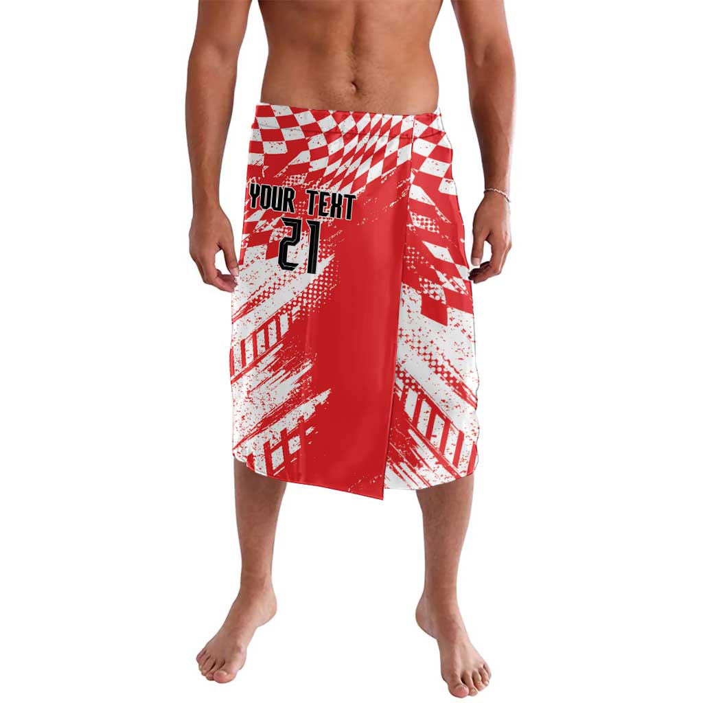 Red and white custom lavalava with chessboard sporty pattern, front slit