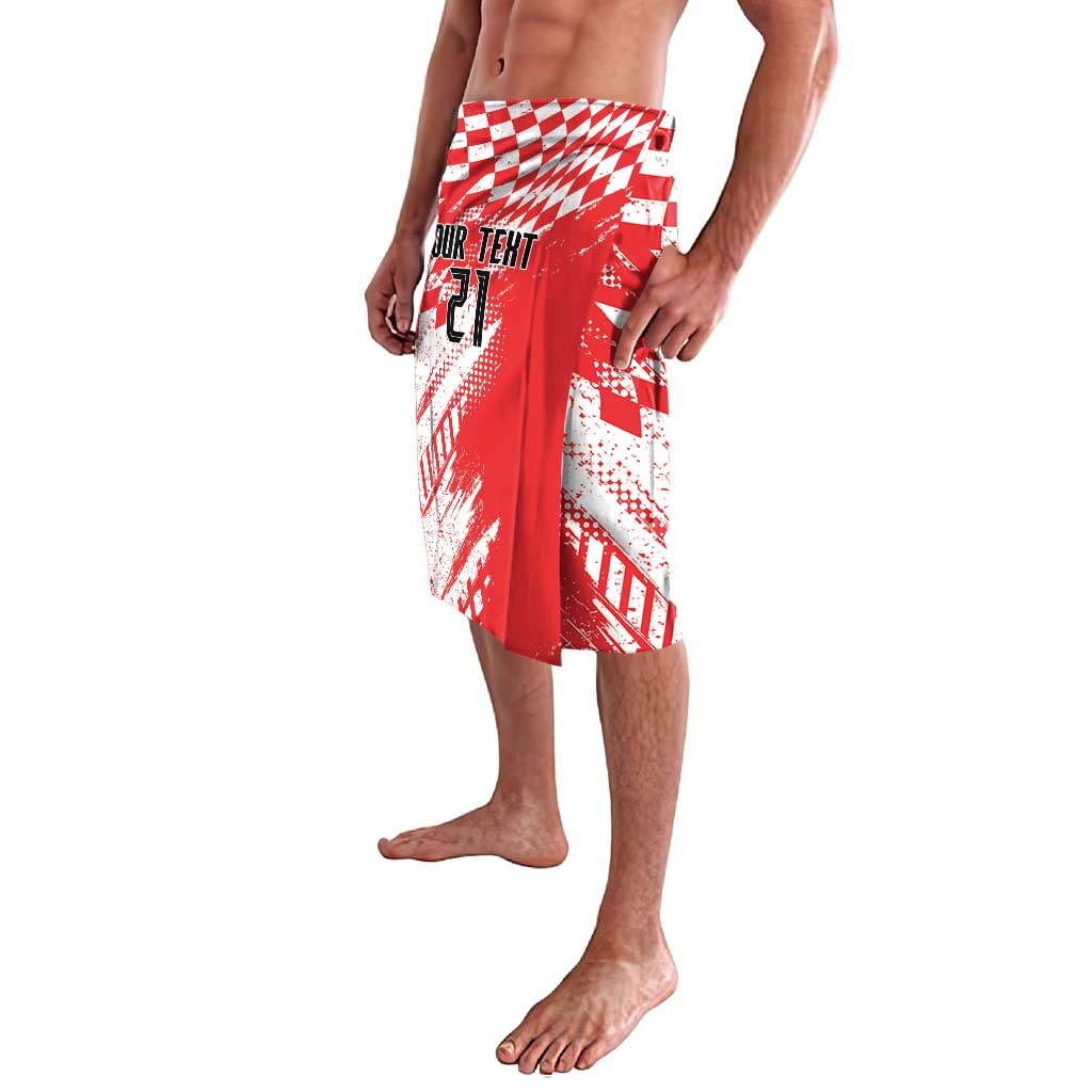 Red-and-white lavalava sarong with check pattern and custom front print panel