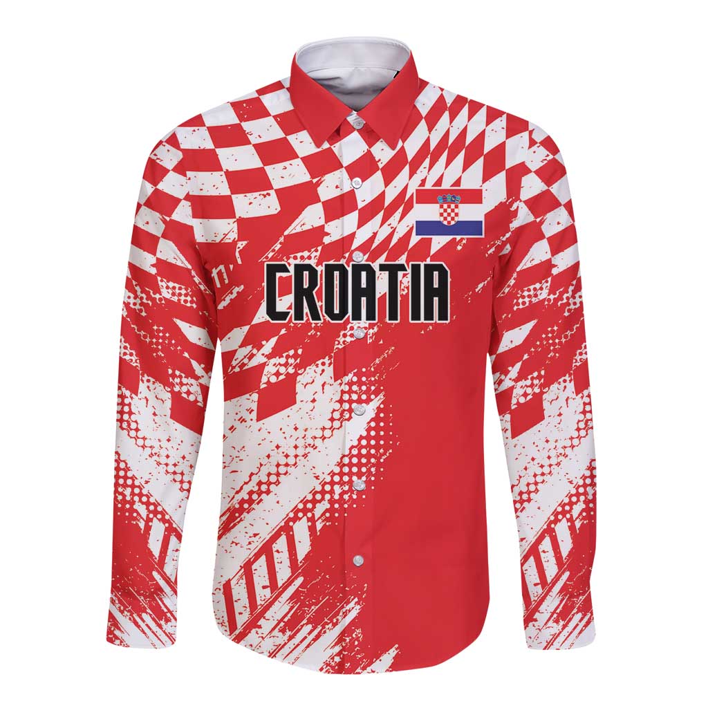 Red long-sleeve button rugby shirt with white checker pattern and CROATIA graphic