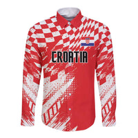Red long-sleeve button rugby shirt with white checker pattern and CROATIA graphic