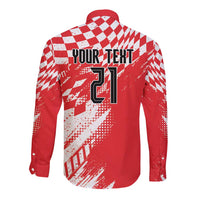 Red long-sleeve button rugby shirt with white checker pattern, YOUR TEXT and 21