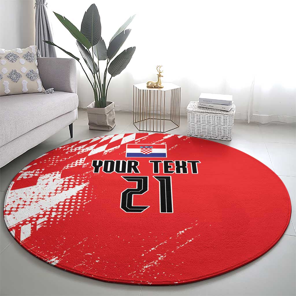 Red round rug with sporty checkered pattern and YOUR TEXT lettering with 21