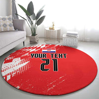 Red round rug with sporty checkered pattern and YOUR TEXT lettering with 21