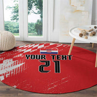 Red round rug with checkered sporty motif and 'YOUR TEXT' plus large number 21