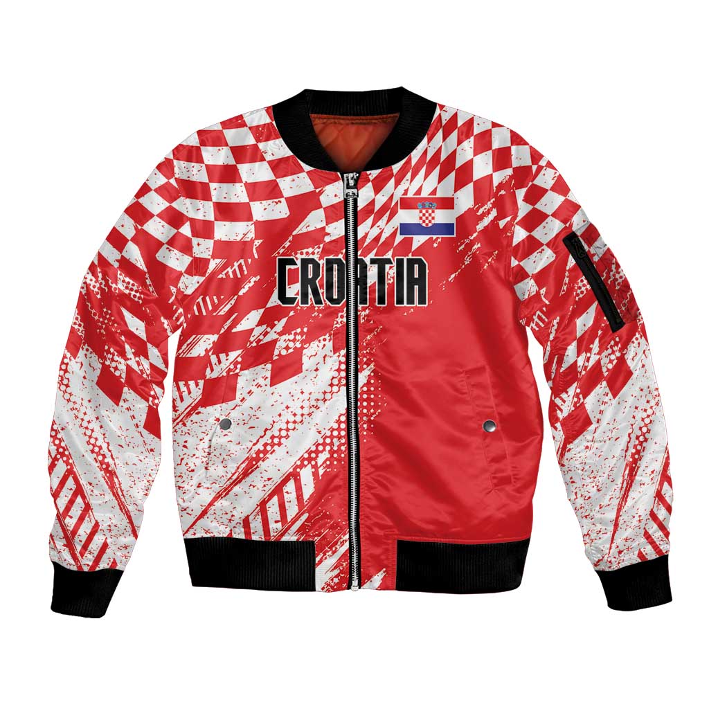 Croatia Rugby Custom Sleeve Zip Bomber Jacket Chessboard with Sporty Pattern - Wonder Print Shop