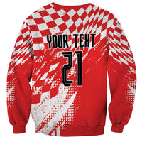 Red unisex sweatshirt with red/white sporty check graphic, number 21 and custom text
