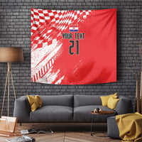 Red rugby-themed tapestry wall hanging with sporty pattern and custom number