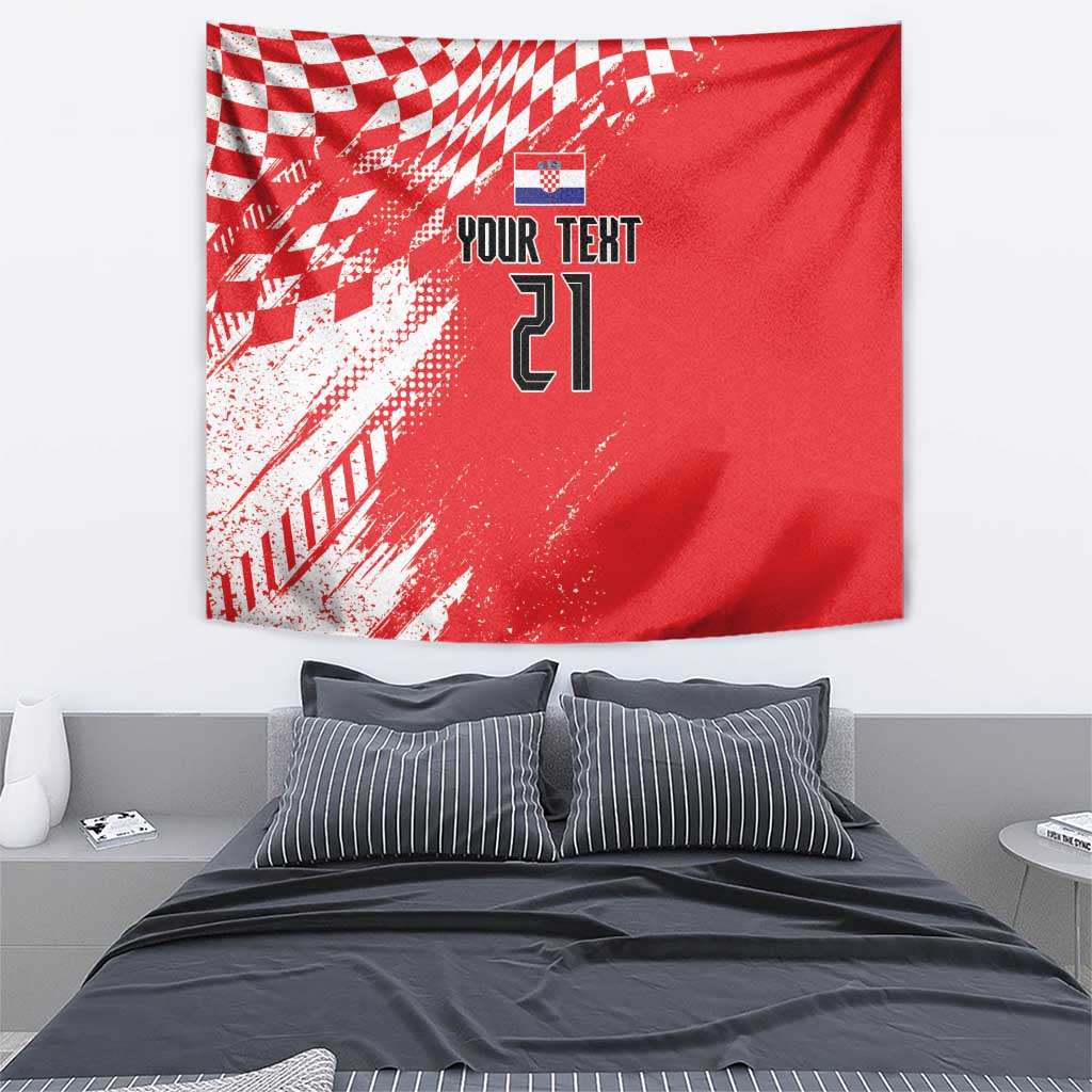 Red tapestry wall hanging with sporty graphic corner pattern and custom text