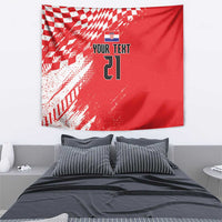 Red tapestry wall hanging with sporty graphic corner pattern and custom text