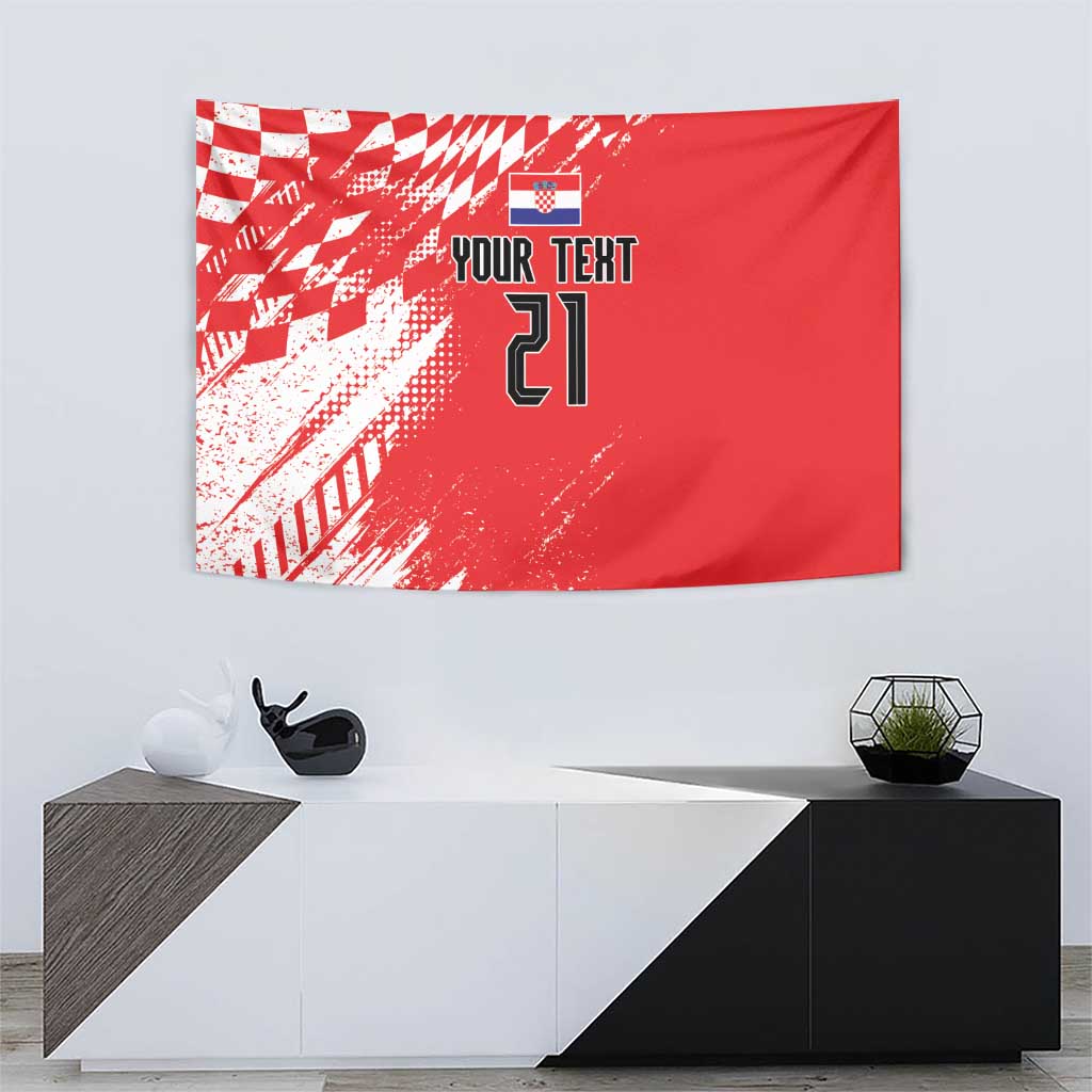 Red rugby tapestry wall hanging featuring sporty pattern, shield icon, and number
