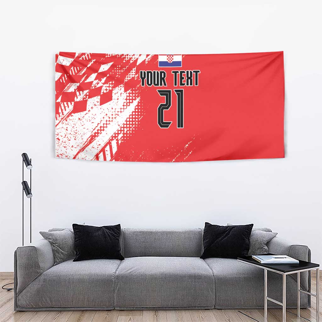Red rugby tapestry wall hanging with sporty pattern, shield icon, and number