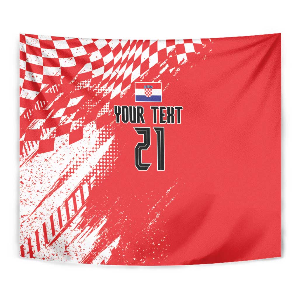 Red rectangular tapestry wall hanging with sporty check pattern, shield icon, and number