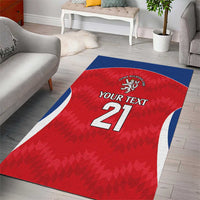 Red custom area rug with blue border and white side stripes, crest and number 21 in center.