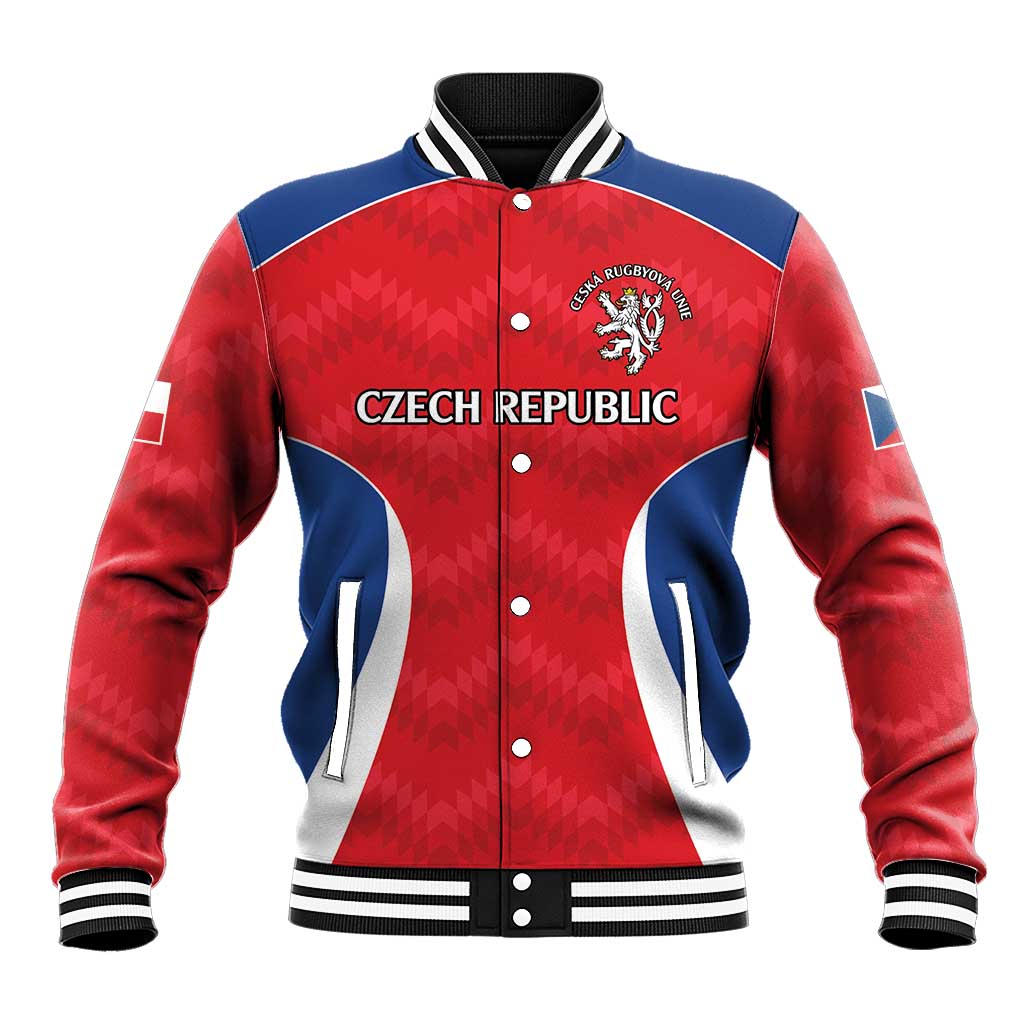 Red and blue varsity baseball jacket with button front, ribbed collar, and Czech Republic lion crest