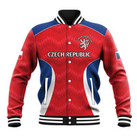 Red and blue varsity baseball jacket with button front, ribbed collar, and Czech Republic lion crest