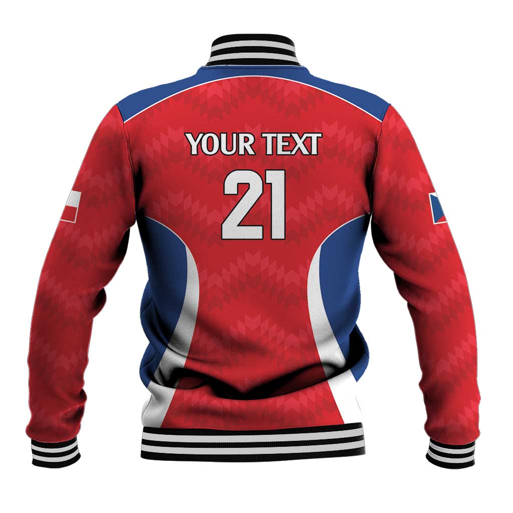 Red and blue baseball jacket, snap front, ribbed collar, number 21 back print