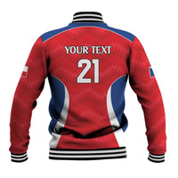 Red and blue baseball jacket, snap front, ribbed collar, number 21 back print