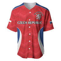 Red rugby-style baseball jersey with blue trim, Czech Republic logo and lion crest