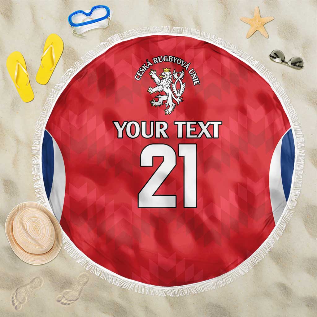 Red round beach blanket with fringe edge, crest and 'YOUR TEXT 21' graphic