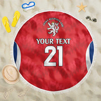 Red round beach blanket with fringe edge, crest and 'YOUR TEXT 21' graphic