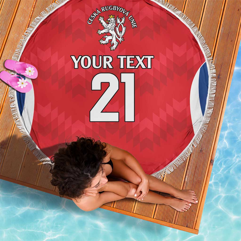 Red round beach blanket with fringe edge, crest and 'YOUR TEXT 21' print, blue side stripes
