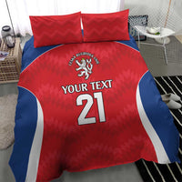 Red duvet cover set with two pillows, rugby crest and number 21 with blue-and-white side stripes